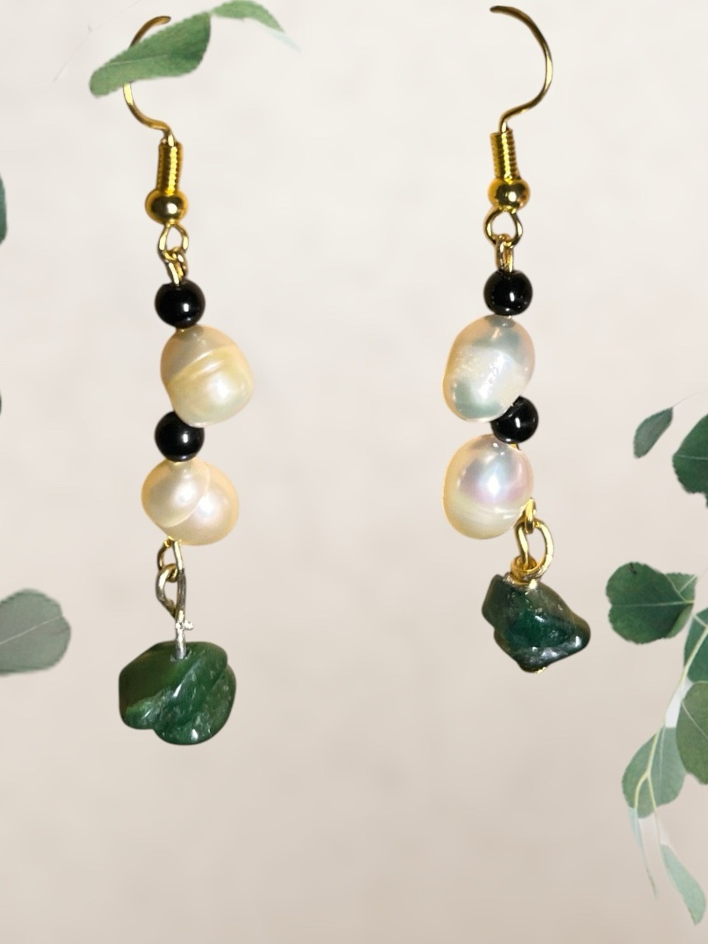 New Handcrafted Pearl & Jade, Obsidian
Stone Drop Earrings